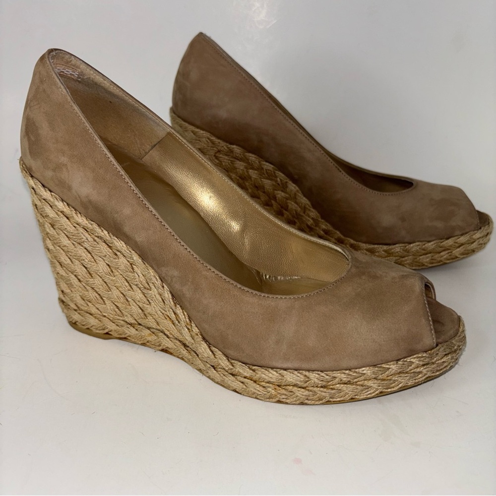 Stuart Weitzman Tan Suede Wedge Platform Peep Toe Espadrille Pumps Size 9.5 M